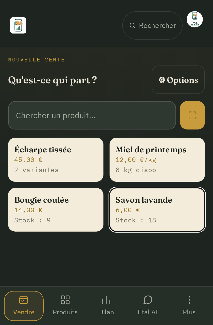 Écran de vente d'Étal avec la grille de produits et le mode rapide