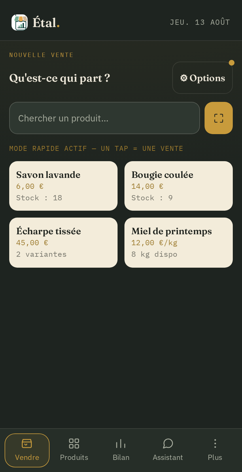 Écran de vente d'Étal avec la grille de produits et le mode rapide